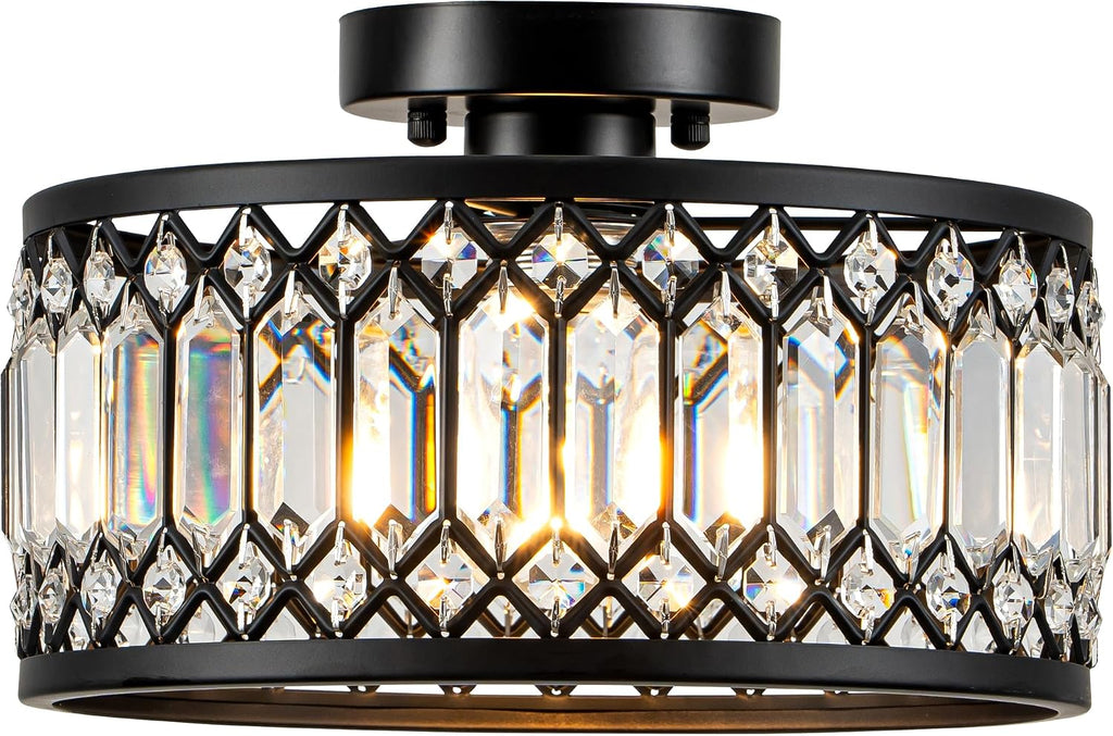 Crystal Black Ceiling Light, Modern Semi Flush Mount Ceiling Light Fixture, Round Small Chandelier Entryway Bathroom