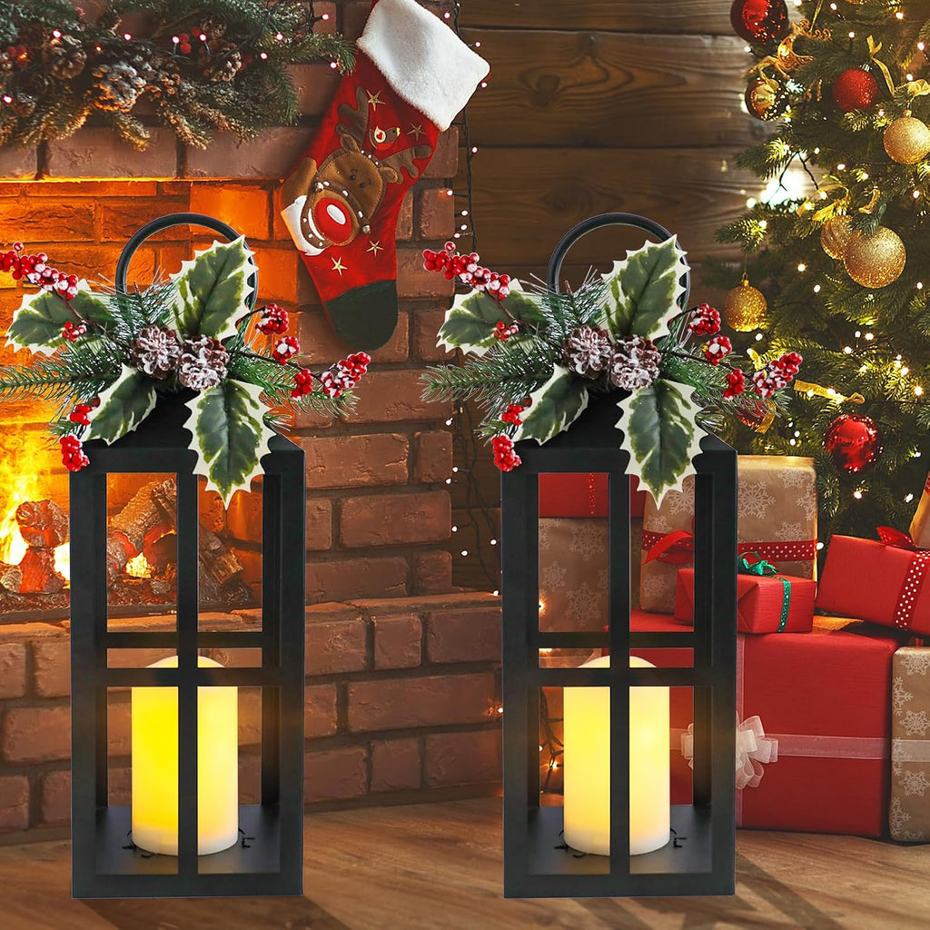 Christmas Lanterns Decorative Indoor Outdoor, 2 Pack Black Christmas Lantern, 18 Inch Timer Decorative Candle