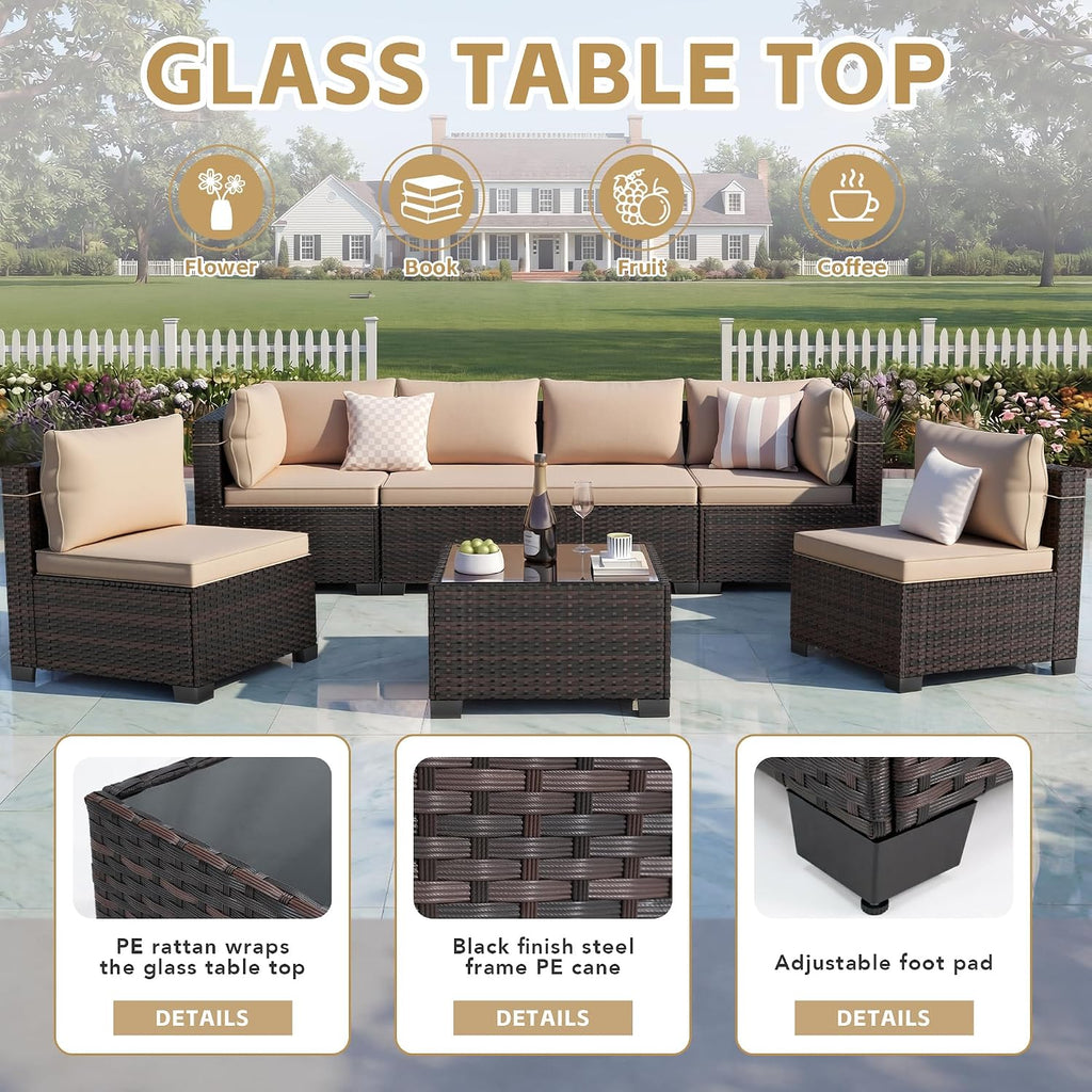 7 Pieces Outdoor Patio Furniture Sets,Rattan Conversation Sectional Set,Manual Weaving Wicker Patio Sofa with Tea