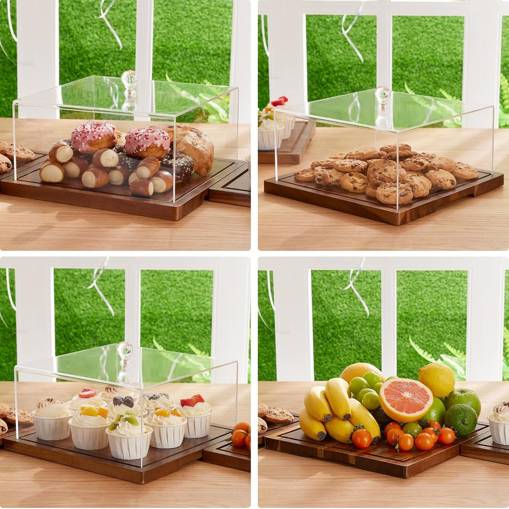 Acacia Wood Cake Stand with Lid,2-in-1 Cake Holder with Dome,Square dome