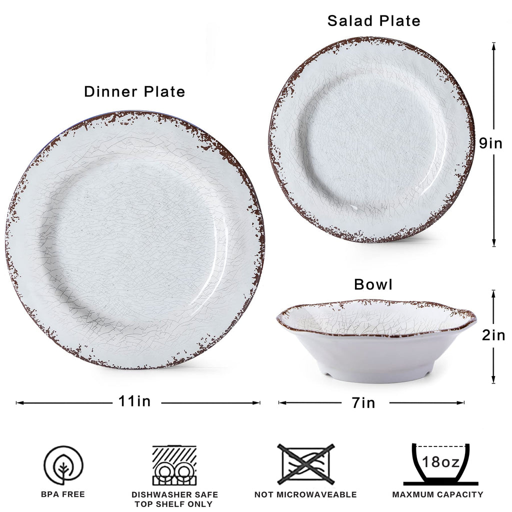Vintage White Melamine Dinnerware set, 12 Piece Lightweight Dish Set