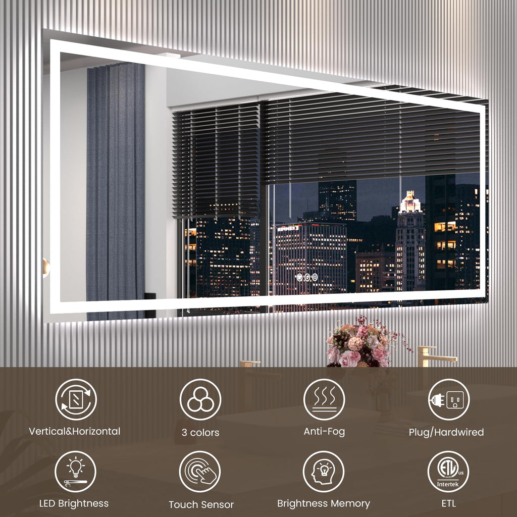 88 x 38 in LED Bathroom Mirror, Front and Backlit, Anti-Fog