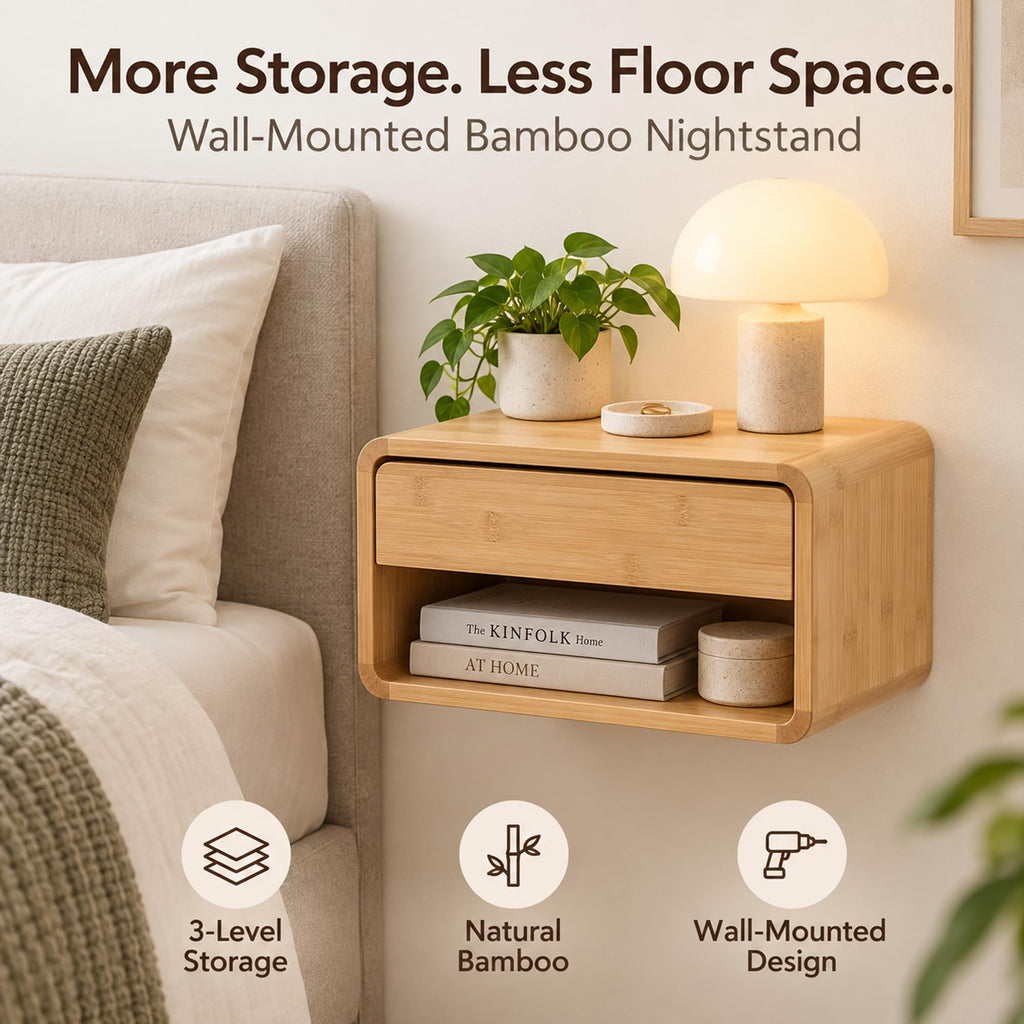 Bamboo Floating Nightstand with Drawer, Wall Mounted Bedside Table, Natural