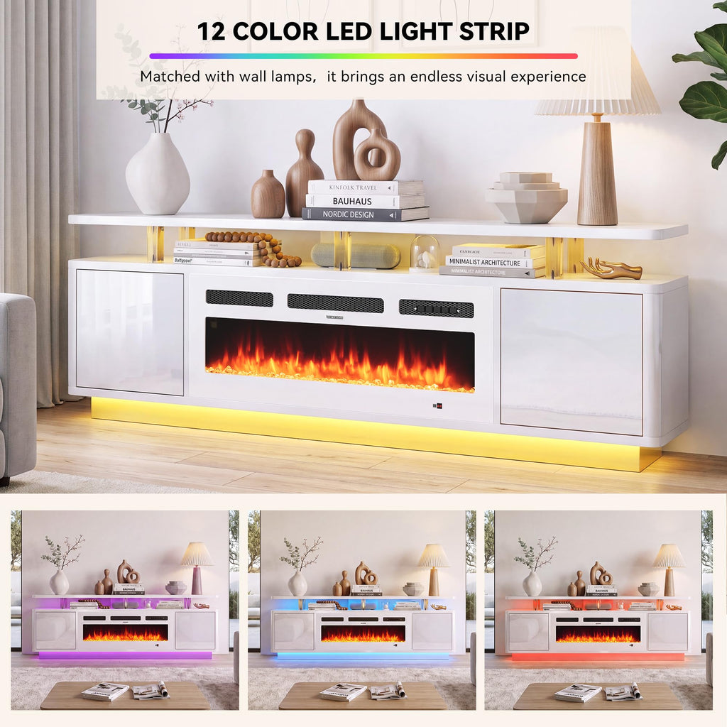 70" Fireplace TV Stand with Double LED Lights for TVs UP to 80", Electric Fireplace Entertainment Center with Storage