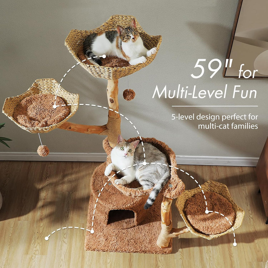 Modern Cat Tree with Real Wood&Wicker Basket for Large Cats Brown
