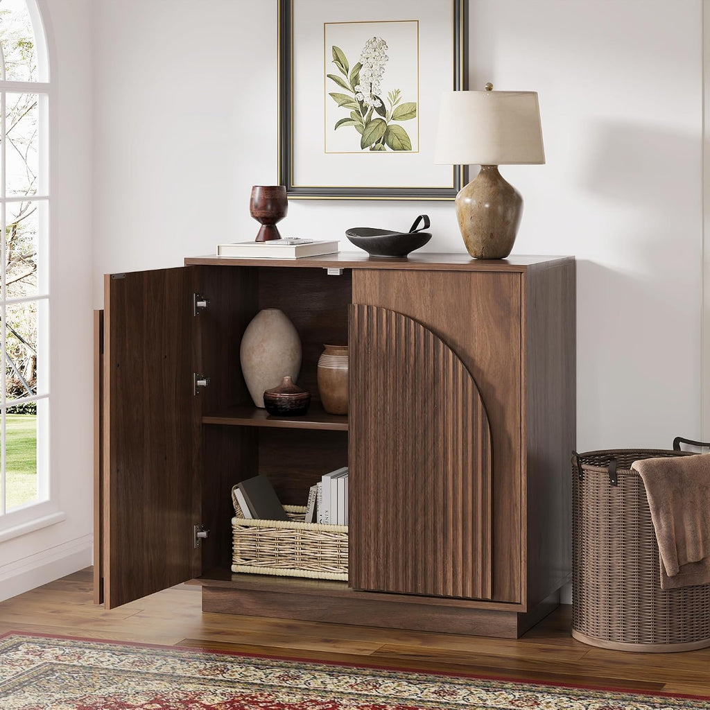 31.5" Small Buffet Cabinet with Storage, Arched Doors, Walnut, 1PCS | Modern Console Cabinet for Dining Living Room