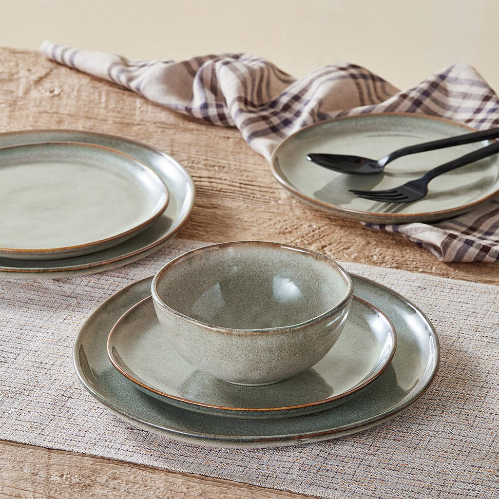Stoneware Dinnerware Sets for 6, Reactive Glaze Plates and Bowls, Grey