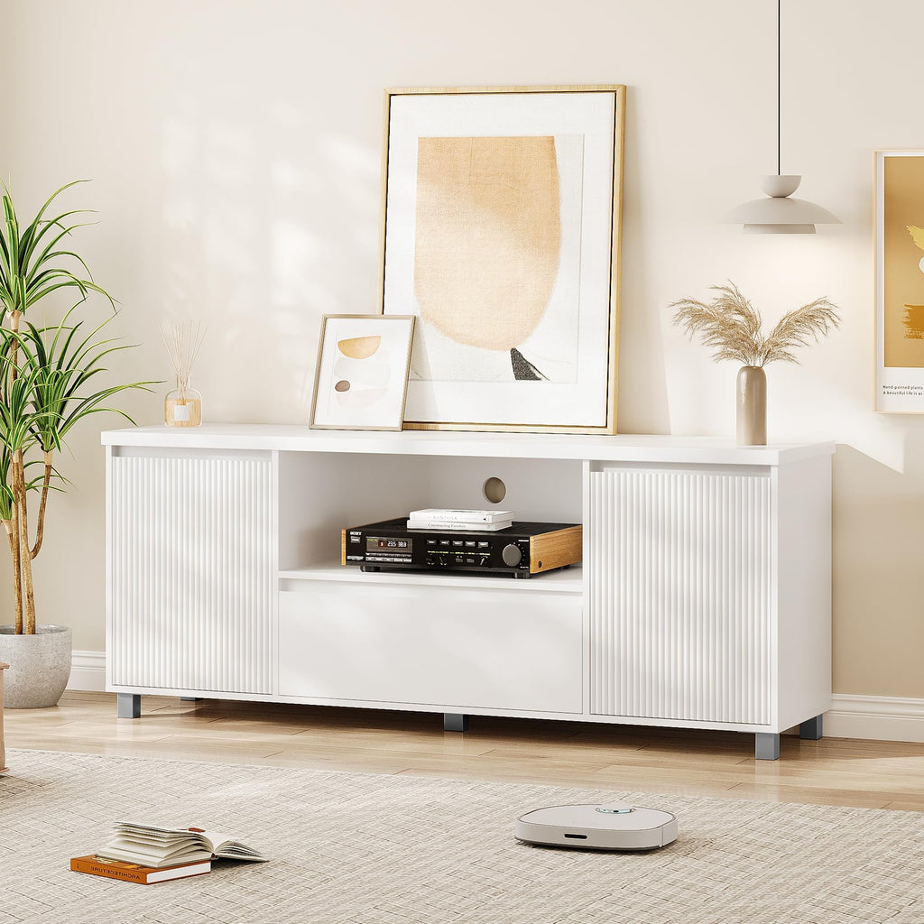 63in TV Stand for TVs Up to 70", Fluted Entertainment Center with Storage Drawer and Open Shelves, Modern TV Console