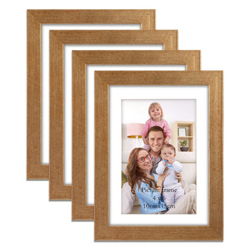 4x6 Picture Frame Set of 4 Antique Gold, 5x7 Matted to 4 x 6 Photo with Mat or 5 x 7 Without Mat for Wall or Tabletop