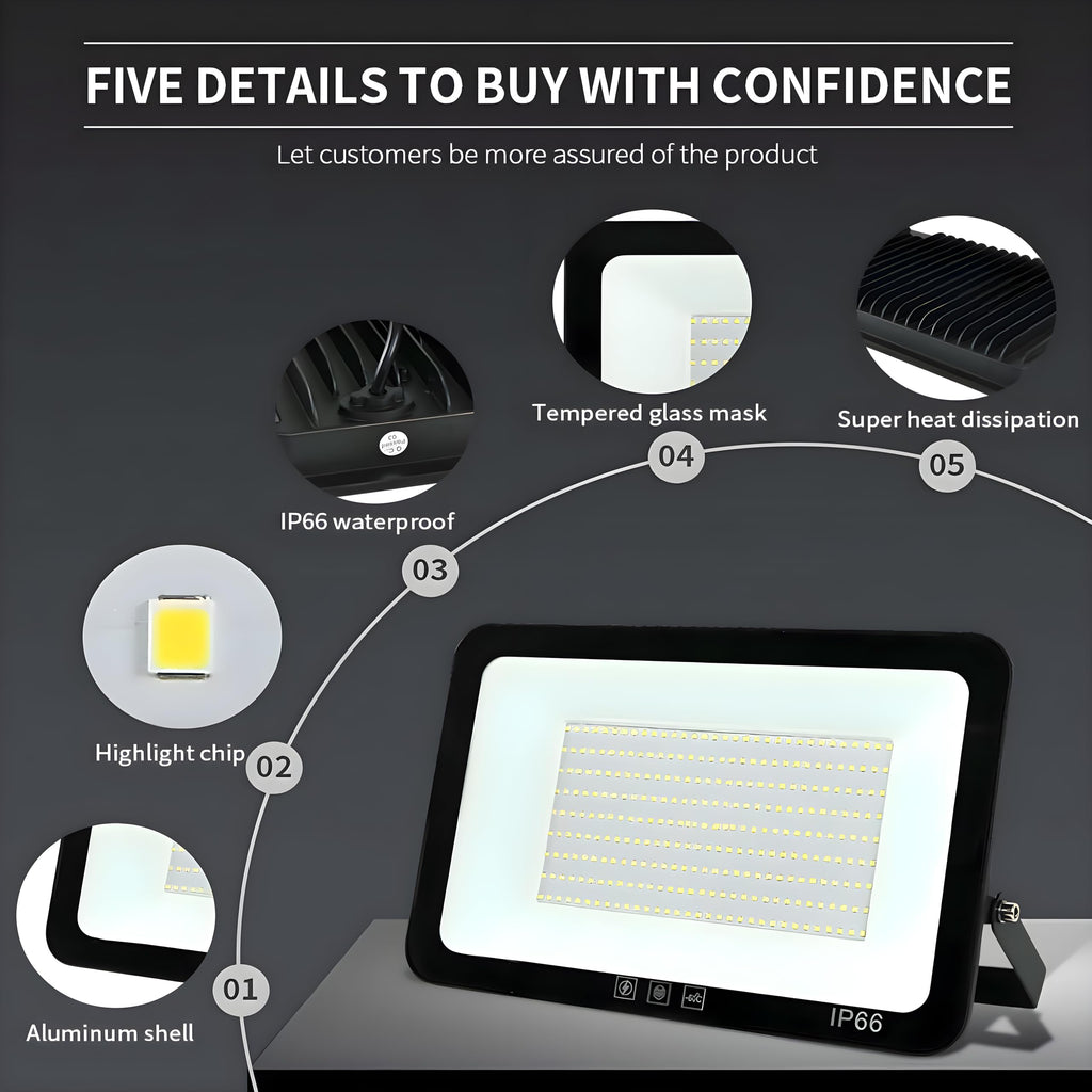 2Pack LED Flood Light Outdoor, 250W LED Work Light 25500lm with 6FT US Plug, IP66 Waterproof Exterior Security
