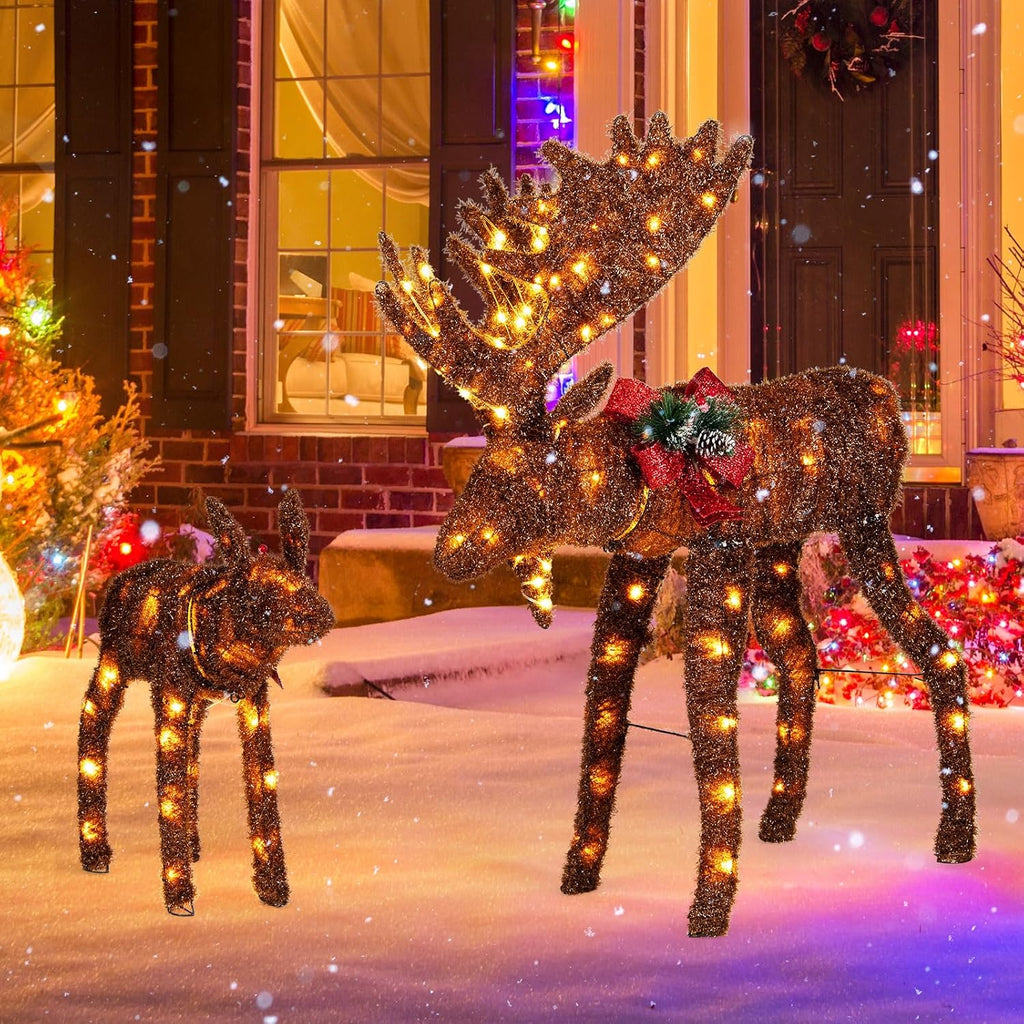 2-Piece 3D Lighted Christmas Moose Family Set, Pre-Lit Deer Xmas Decoration with LED Lights, Ground Stakes and Zip
