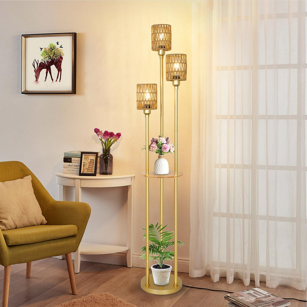 Boho Floor Lamp with Shelves, 3-Lights Farmhouse Tall Floor Lamp with ON/Off Foot Switch, Gold Modern Floor Lamps