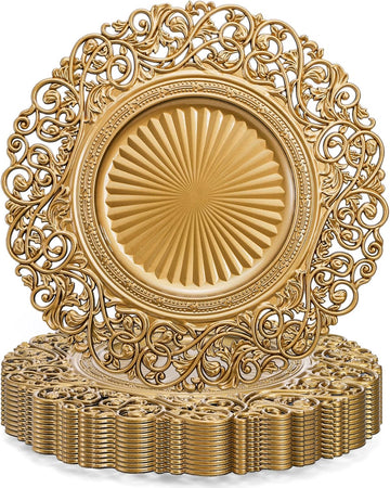Gold Charger Plates, 13" Round Plastic Dinner Chargers, Decorative Hollowed Out Flowers Serving Plates - Set of 12