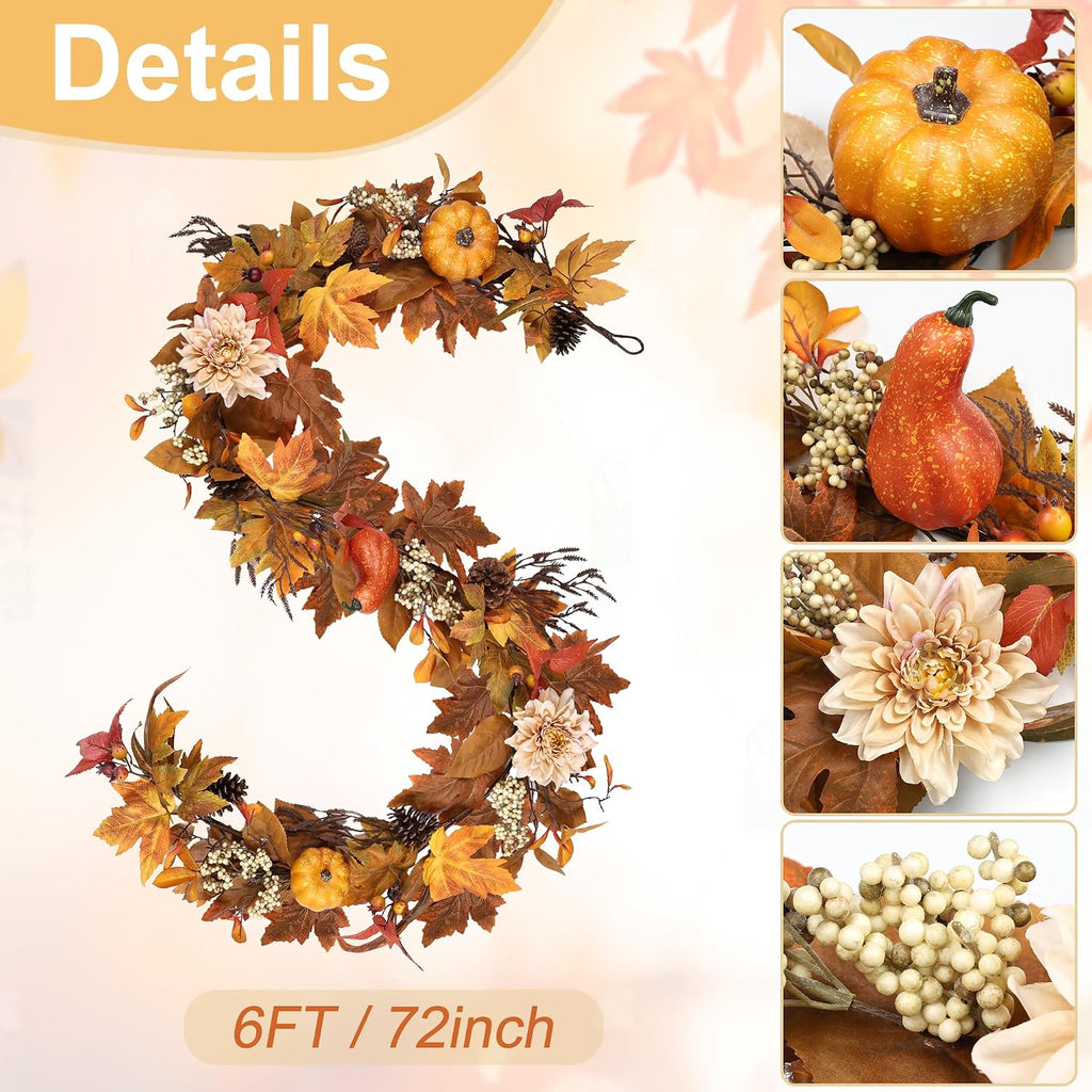 Fall Garland 6Ft Lifelike Autumn Maples Leaf Pumpkin Garland with Berries Pine Cones, Fall Decorations Thanksgiving - Set of 6