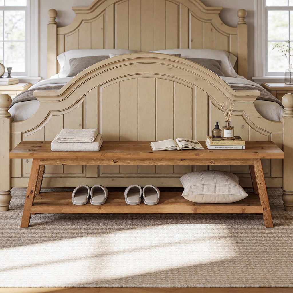 Solid Wood 63" End of Bed Bench with Storage Shelves, Rustic 62.99" L Foot of Bed Bench, Upholstered Seat & Open Shelf