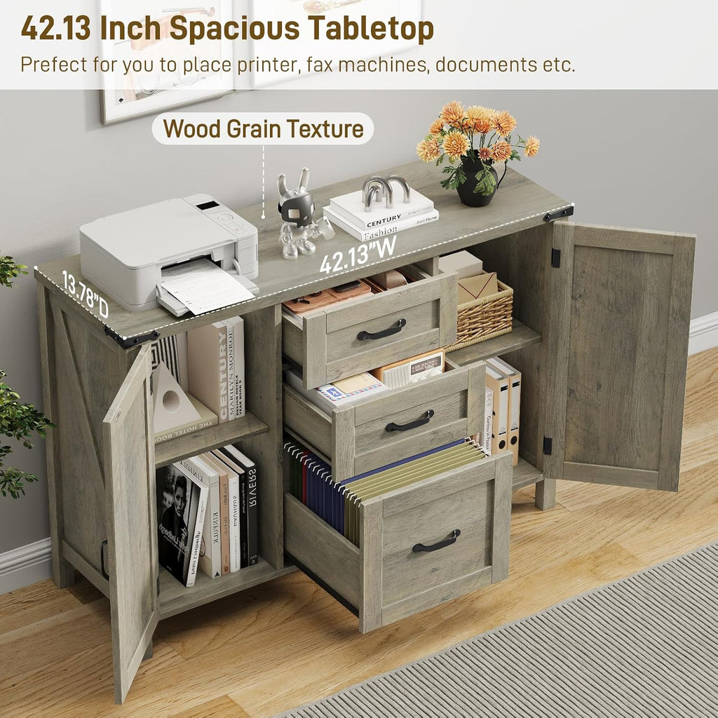 Farmhouse Lateral File Cabinet with 3 Drawers and Doors, Rustic Grey | Lateral Filing Cabinet Fits Letter or A4 Size