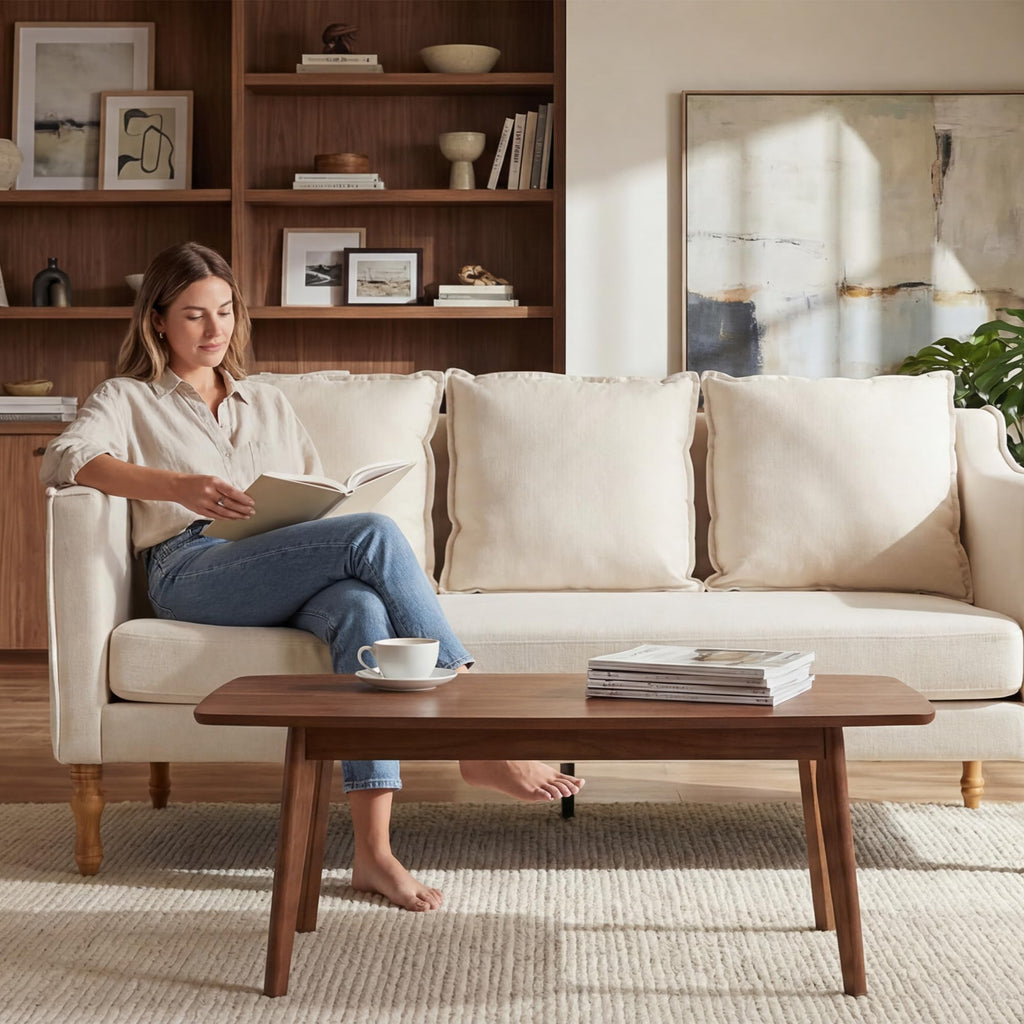 Farmhouse Couch Country Rustic Loveseat with Antique Wood Legs 63" Long Sofa with One Piece Complete Cushion Seat