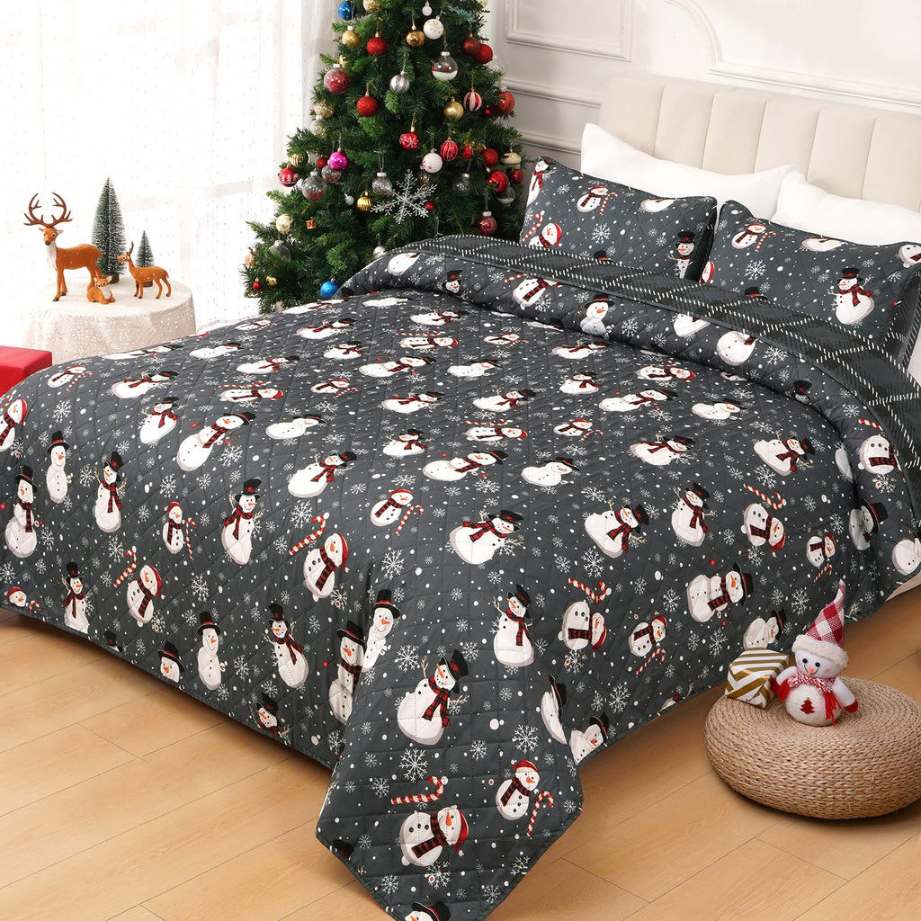 Christmas Quilt Set Queen Size 3 Piece Snowman Snowflake Bedding Set Reversible Winter Snow Grey Plaid Holiday Quilt