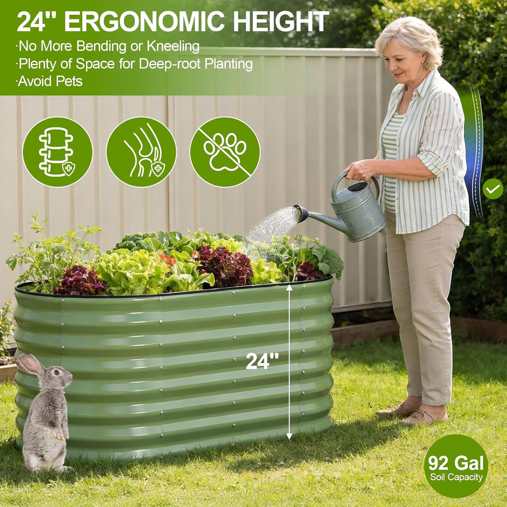 24" Tall Galvanized Raised Garden Bed Outdoor, 4x2x2ft, Green | Deep Metal Planter Box, Safety Edging, Support Bars