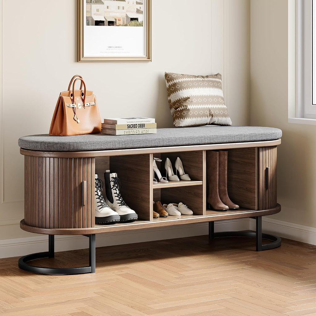 Shoe Storage Bench with Cushion and Sliding Doors, 47.2 Inch Shoe Bench with Storage, Freestanding Entryway Bench