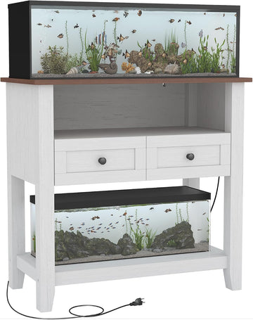 Heavy-Duty 20-29 Gallon Aquarium Stand with Charging Station, 660 lbs Capacity, Drawers & Open Storage - for Fish