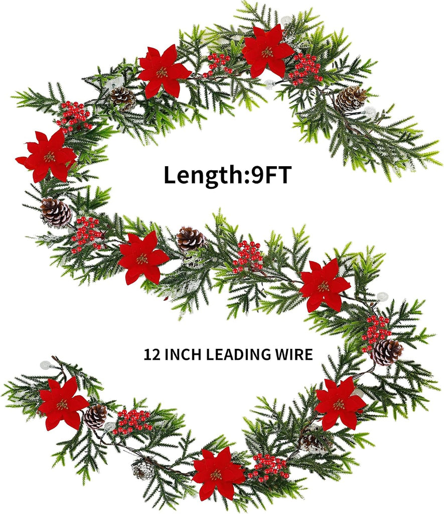 2 Pack Christmas Garland, 9' Pre-lit Artificial Xmas Flocked Garlands, Lighted Poinsettia Spruce Timer & Battery