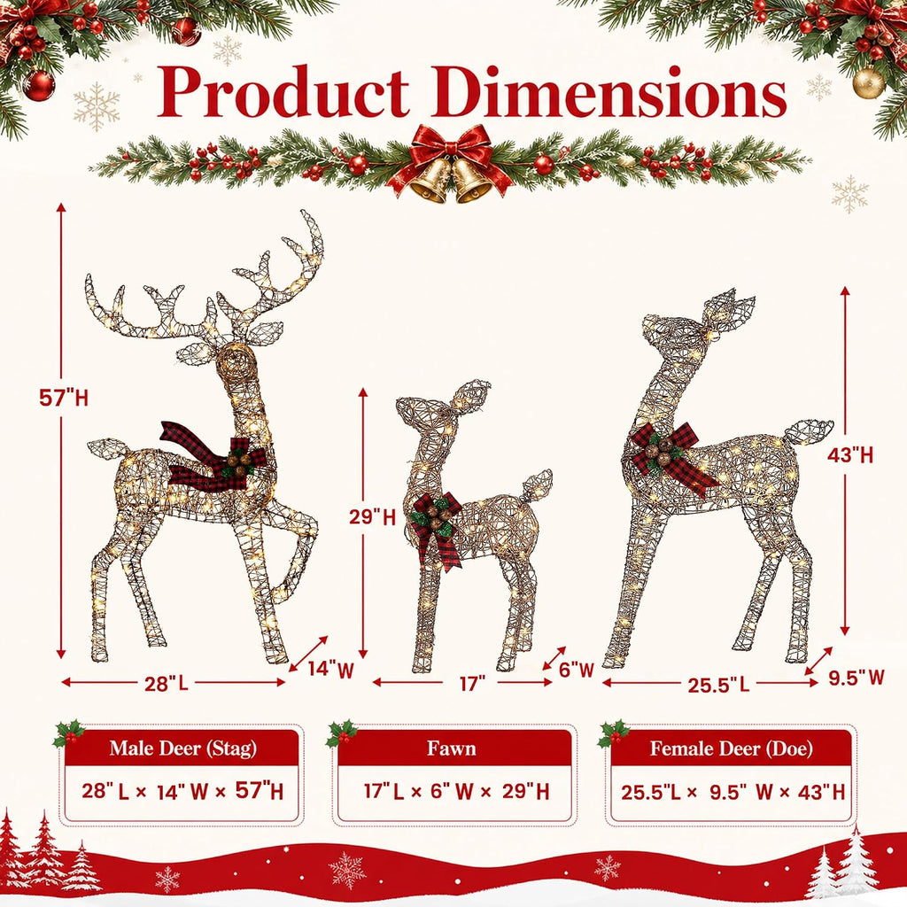 4.83FT 3-Piece Large Lighted Christmas Deer Family Set Rattan