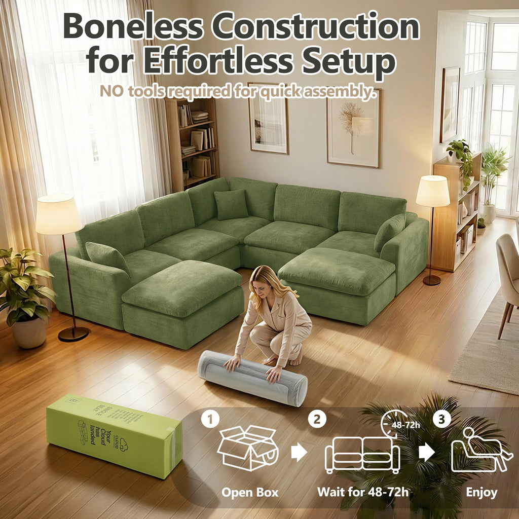 Oversized 240.5" Double-Layered and Soft Cloud Couch Modular Sectional Sofa Boneless Couches 9-Seater U-Shape Couch