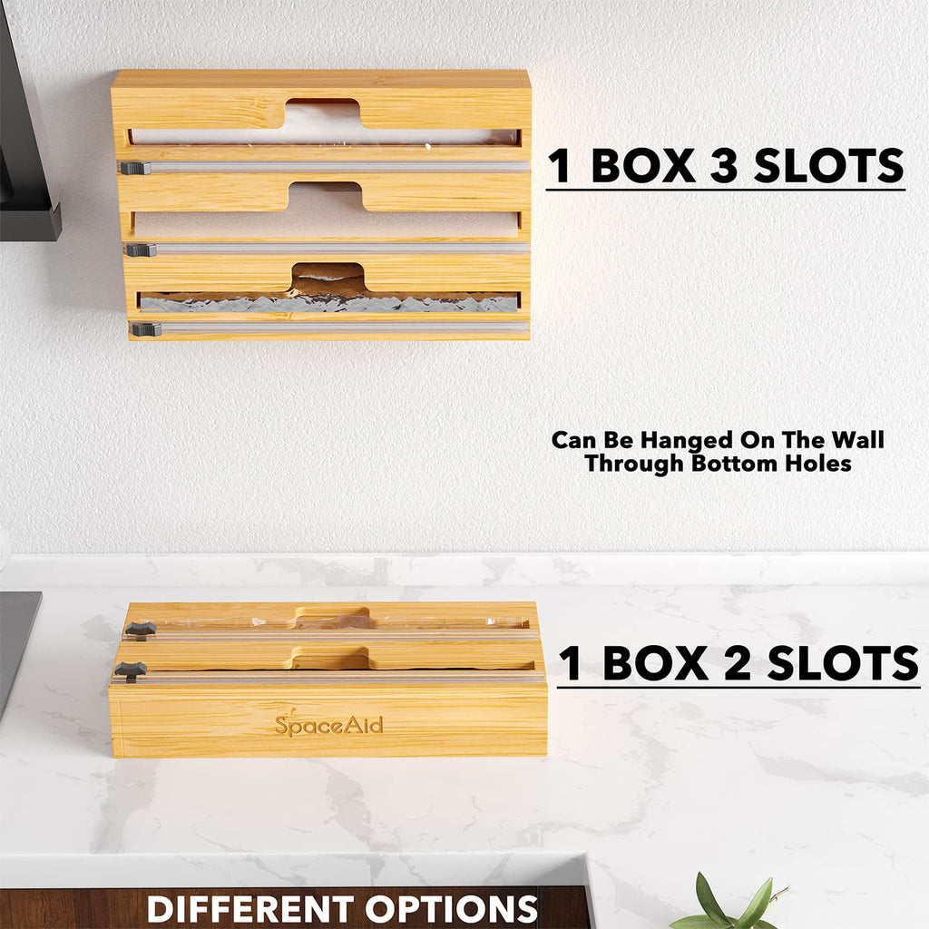 WrapNeat 3 in 1 Wrap Organizer with Cutter and Labels, Plastic Wrap, Aluminum Foil and Wax Bamboo Dispenser Storage