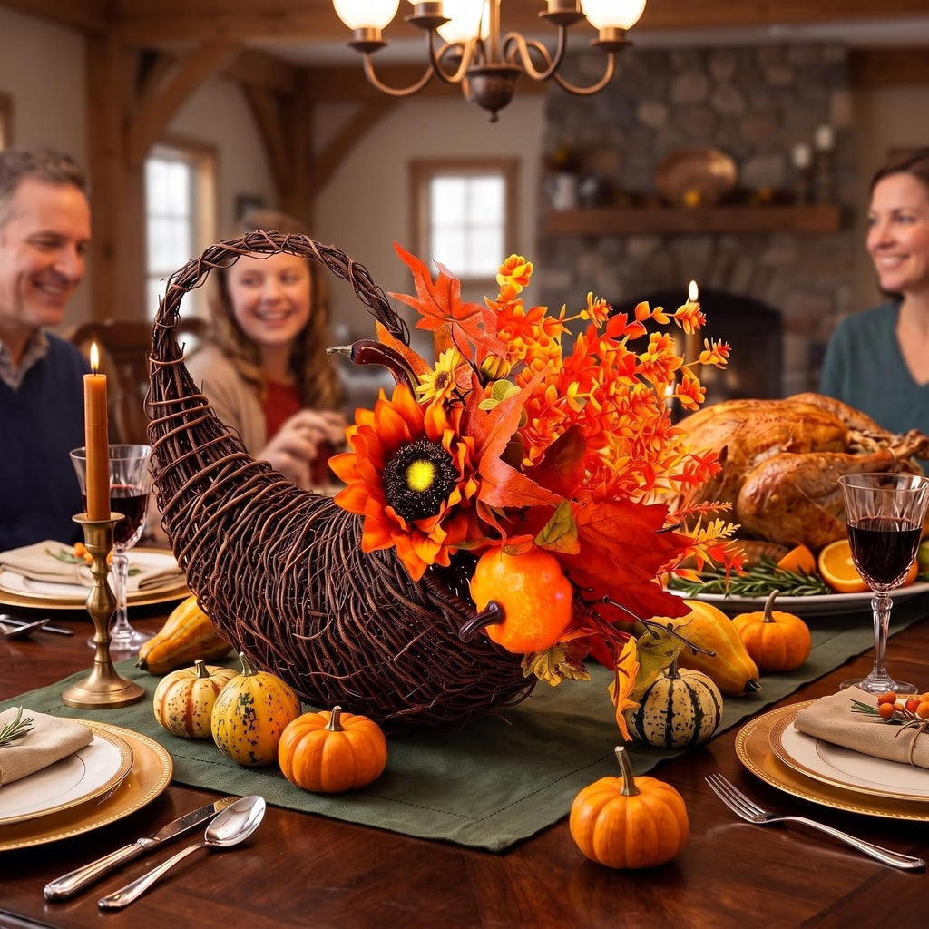 Rattan Cornucopia Basket Thanksgiving Fall Table Centerpiece