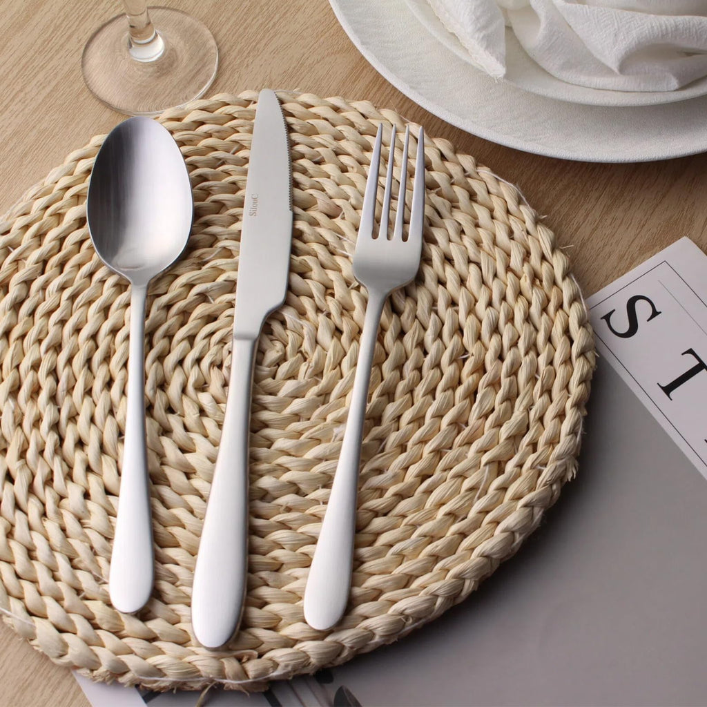 20-Piece Silverware Set & Flatware Set, Hammered Square Handle Silver Stainless Steel Service for 4, Matte Satin