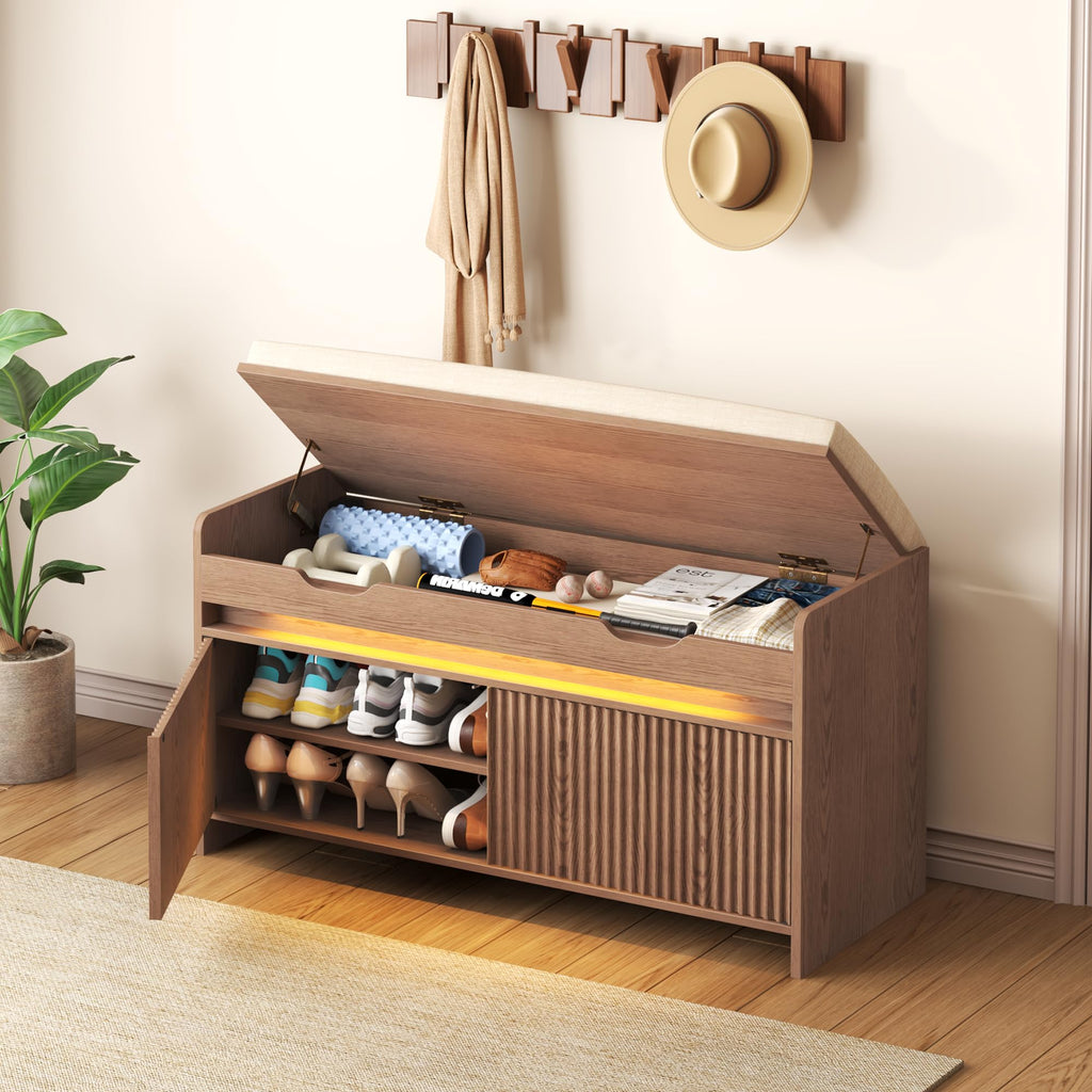 Shoe Storage Bench, Modern Entryway Bench with Fluted Doors & Built-in LED Sensor Light, Wooden Shoe Bench with