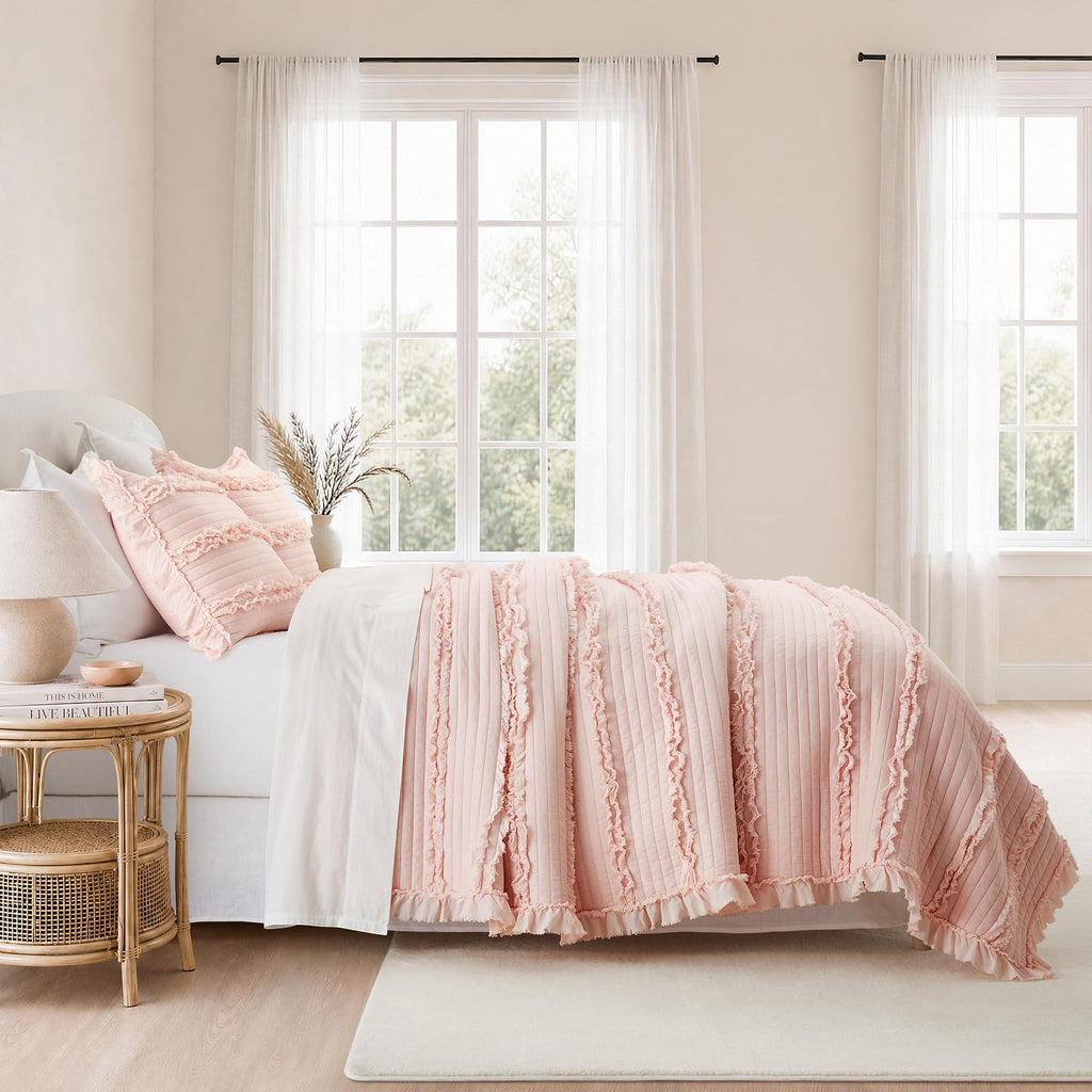 Ultra Soft Ruffle Fringed Quilt, Shabby Chic Rustic Pink Bedding Set, Stone Washed Boho Decorative Quilt