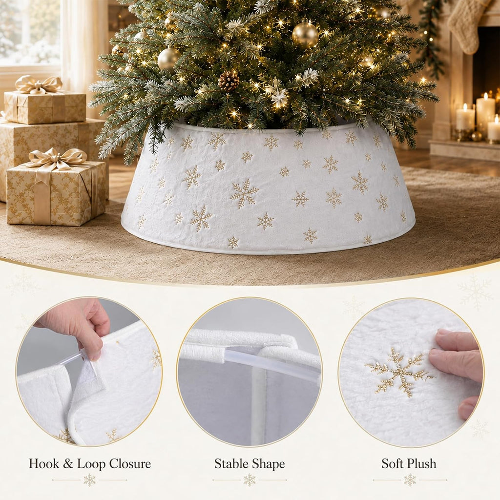 Christmas Tree Collar, 28 Inches Silky Fur White with Gold Snowflake Tree Skirt with Plastic Stand for 6FT Trees, Boho
