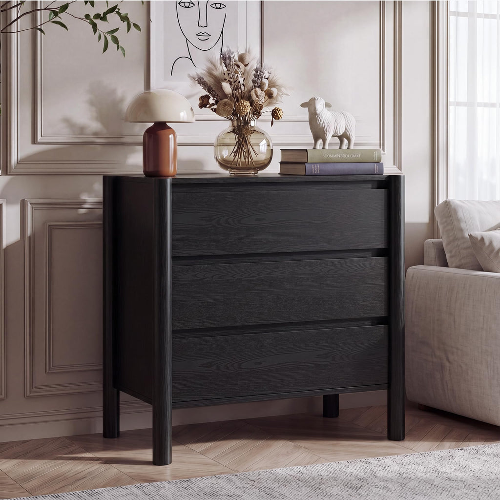 27.6" Wide Black 3 Drawer Dresser with Solid Wood Legs