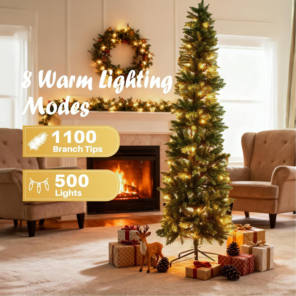 Pre-lit Pencil Christmas Tree, Green Artificial Spruce Slim Christmas Trees with 500 Incandescent Lights, 1100