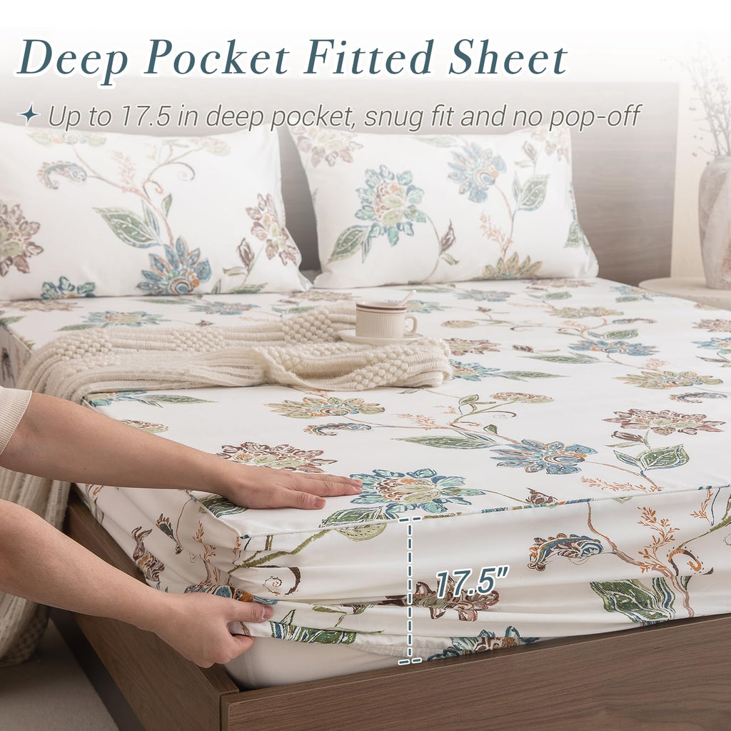 Boho Sheets Sets Percale Printed Sheets Queen Botanical Leaves Flower Pattern Printed Bed Queen Size