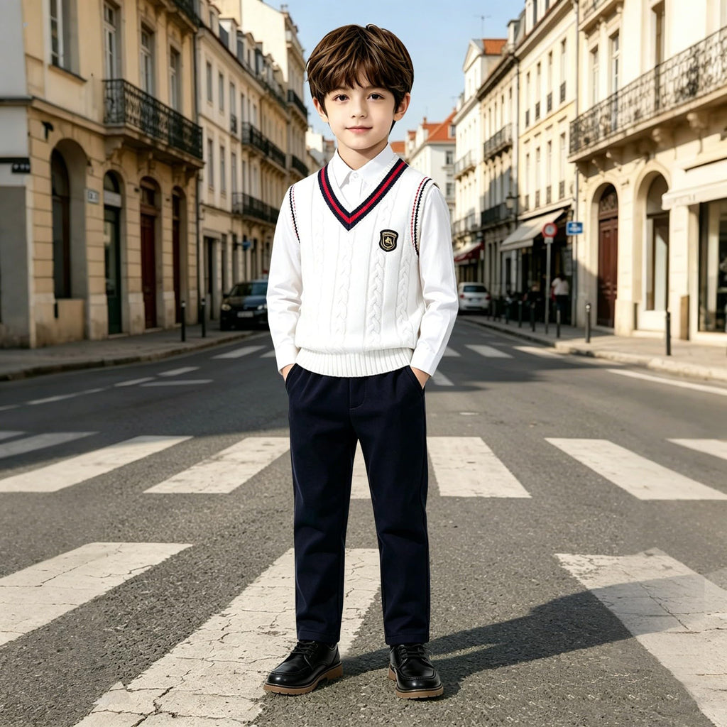 Boys Knit Cotton V Neck Sweater Vest Sleeveles Toddler Vest Collar Ribbed Sweater Girls School Uniform Clothes White