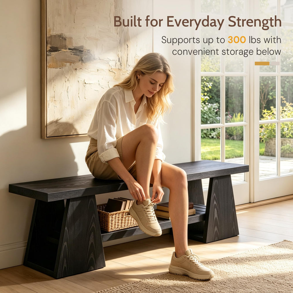 63'' Long Entryway Bench, Black Rustic Farmhouse Wooden Entry Way Bench Seat Indoor with Shoe Storage Shelf, 3-Tier