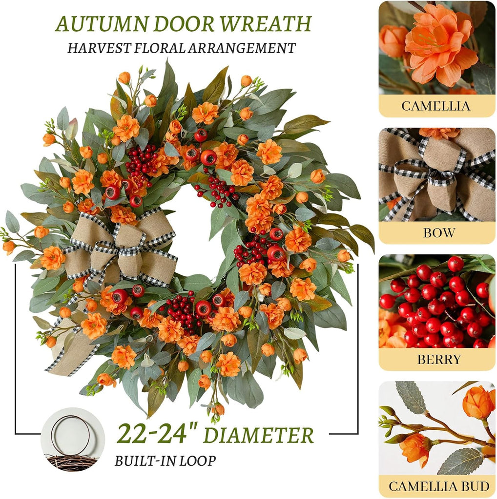 24 Inch Harvest Fall Wreaths for Front Door Outside with Bow & Red Berries