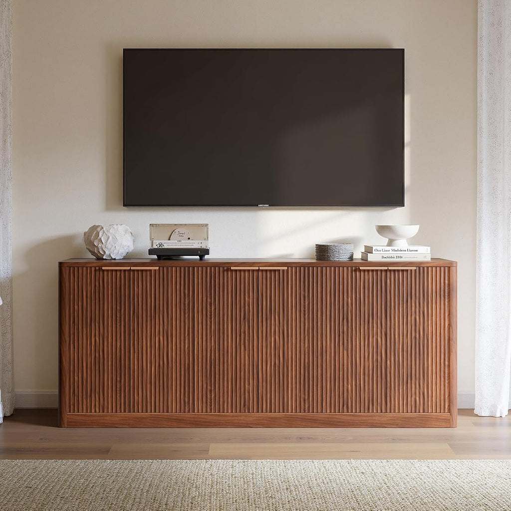 67" Walnut Fluted TV Stand for TVs up tp 75", Mid-Century Modern Entertainment Center with Storage Cabinets and