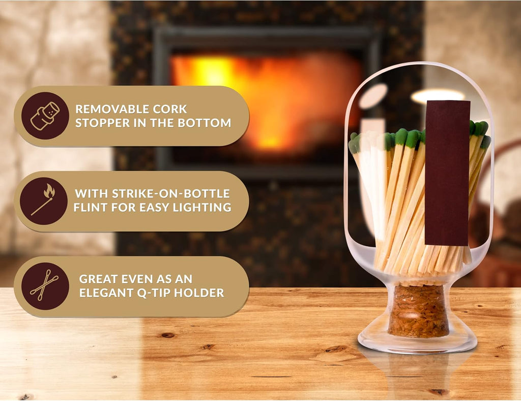 Glass Match Holder with Striker - Includes Fancy Matches in Cloche Jar - Decorative Christmas Gift or Fireplace