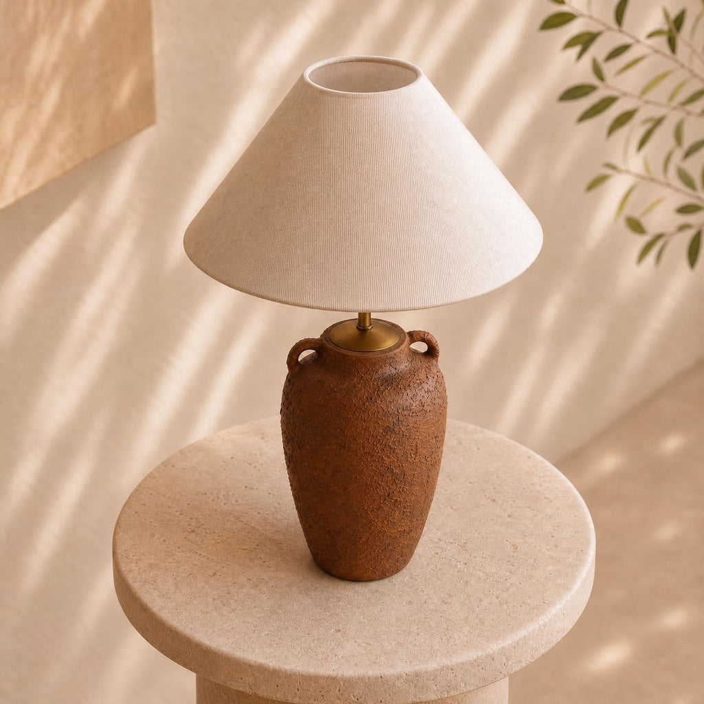 Textured Ceramic Table Lamp with Linen Shade, Rustic Bedside Lamp, Brown