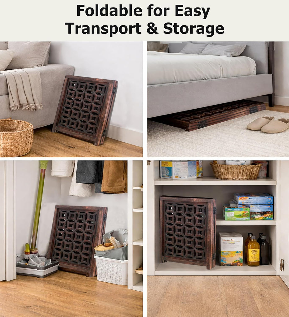 Wooden Foldable Pet Dog Gate - Hand Carved 3-Panel 60 W x 24 H