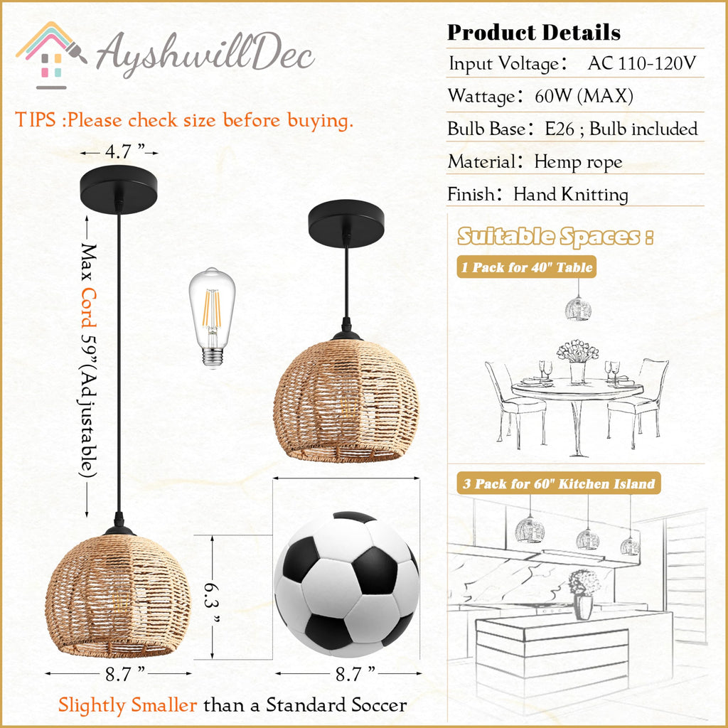 3 Pack Wicker Pendant Light Natural Boho Chandelier Light Fixture Dome Rustic Farmhouse Pendant Lights Rattan Light