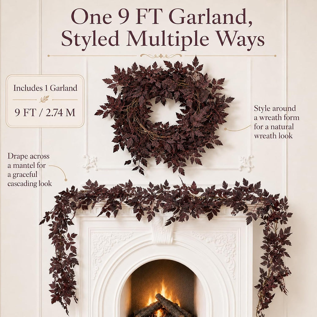 9FT Plum Cimicifuga Seeded Garland,Artificial Fall Leaf Garland for Mantel