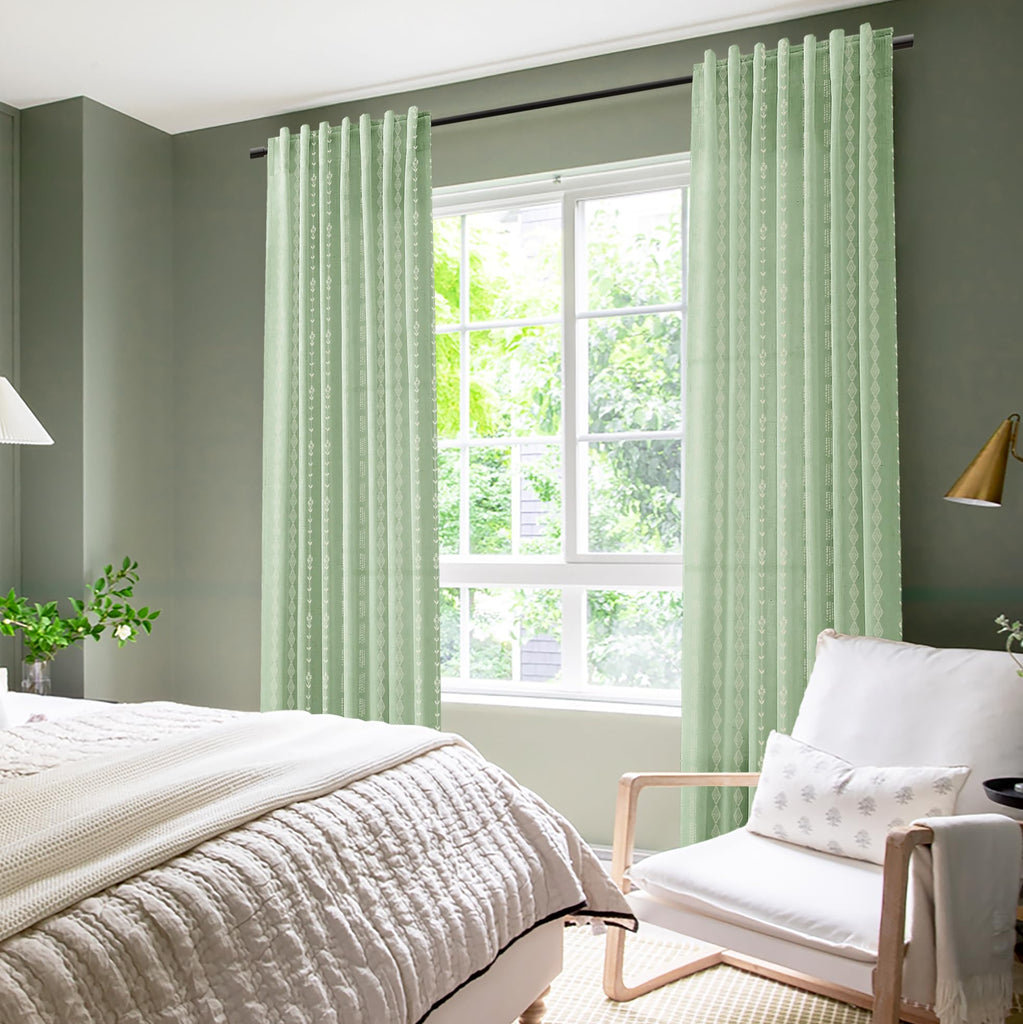 Sage Green Whimsical Sheer Linen Curtains, Boho Floral Striped Gingham Inspired Patterned Drapes Living Room Office