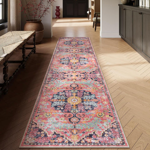 Reine Boho 2'8"x10' Washable Hallway Kitchen Runner Rugs with Rubber Backing, Bohemian Non-Slip Soft