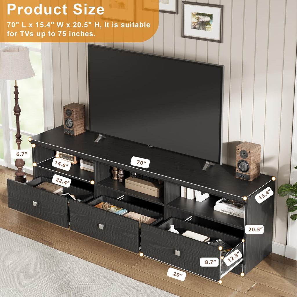 70 Inch Mid-Century Modern TV Stand for 65/70/75 in TV, Entertainment Center with 3 Storage Drawers & Open Shelves