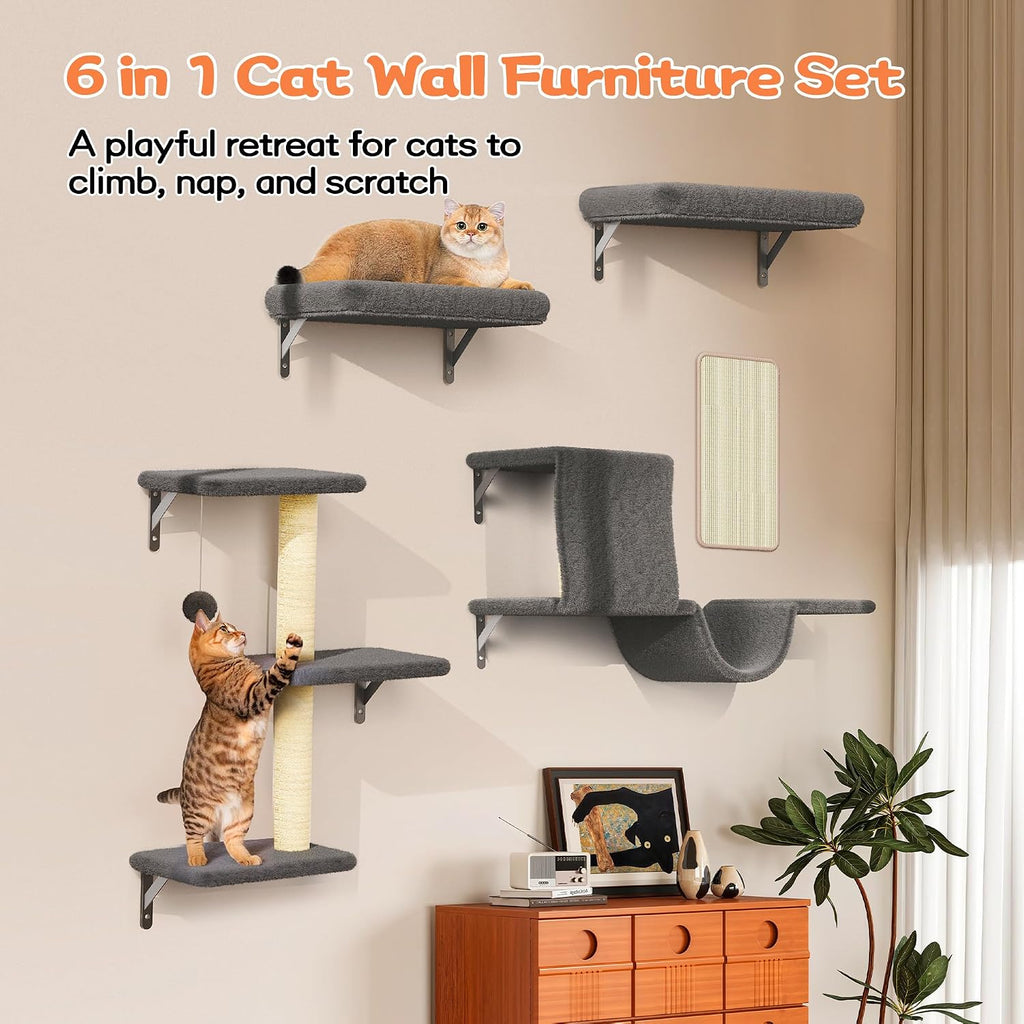 6-in-1 Wall Mounted Cat Climber Set for Heavy Cats, Wall Shelves, Stable & Safe Cat Furniture Set for Large Cats